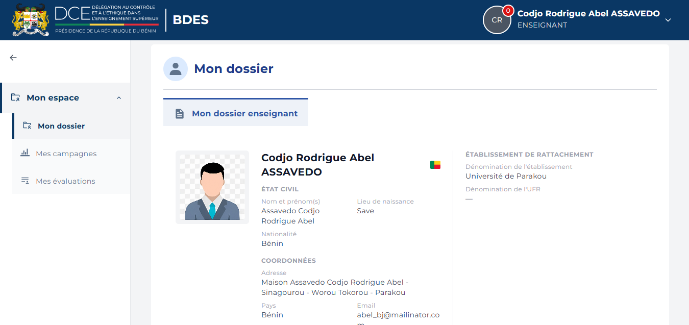 Page après connexion