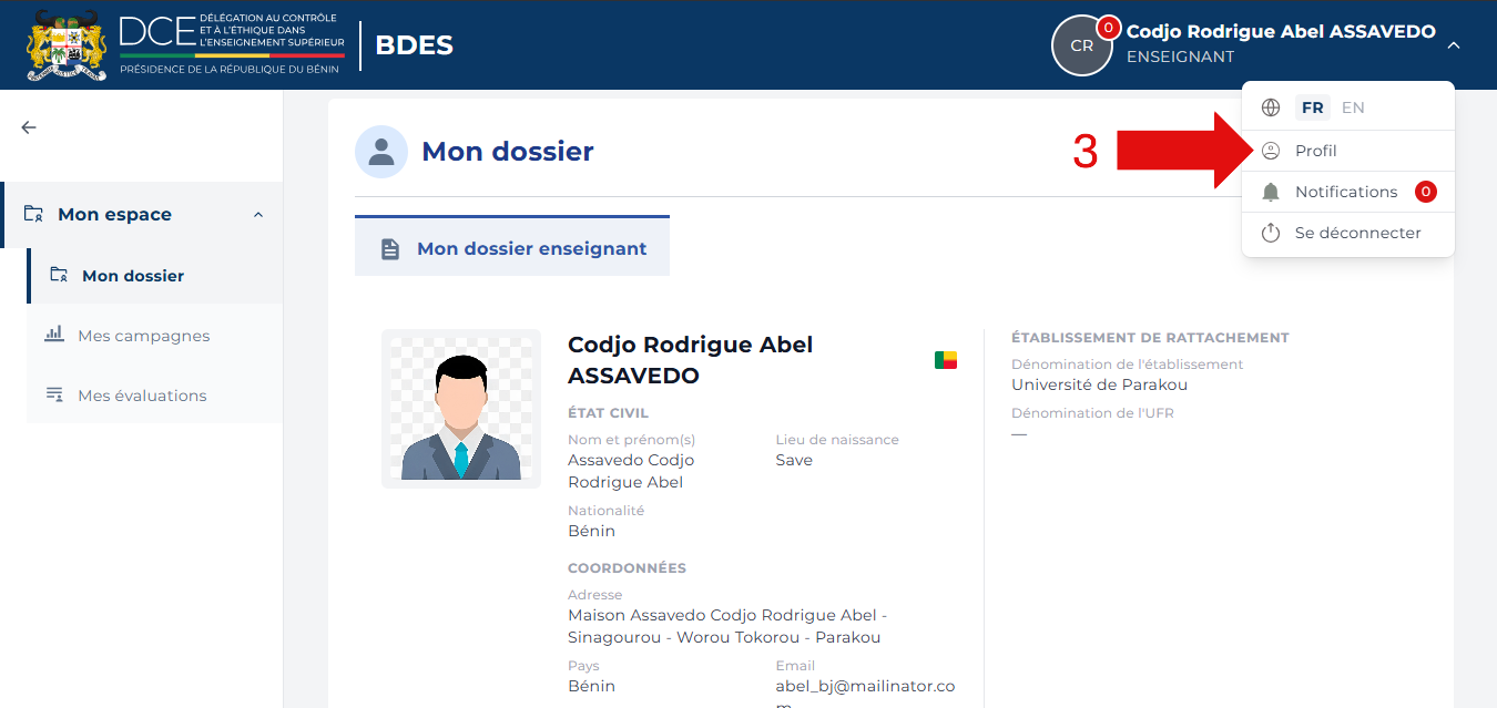 Cliquer sur le lien profil