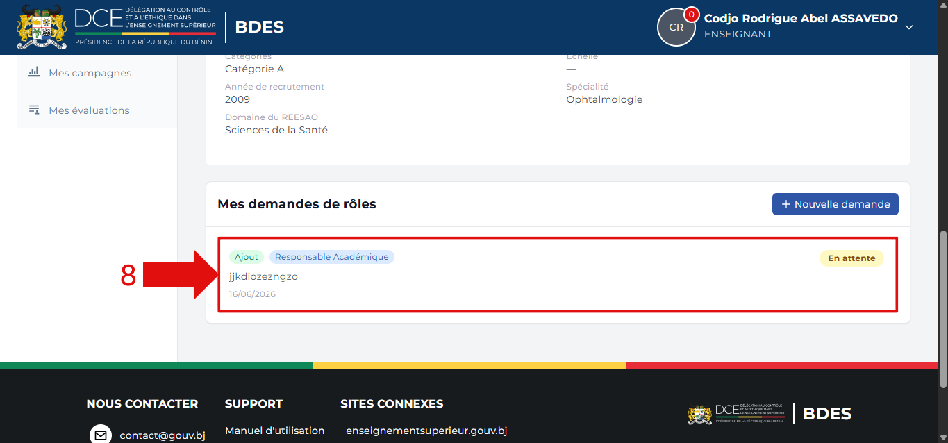 Section "Mes demandes de rôle" avec la nouvelle demande