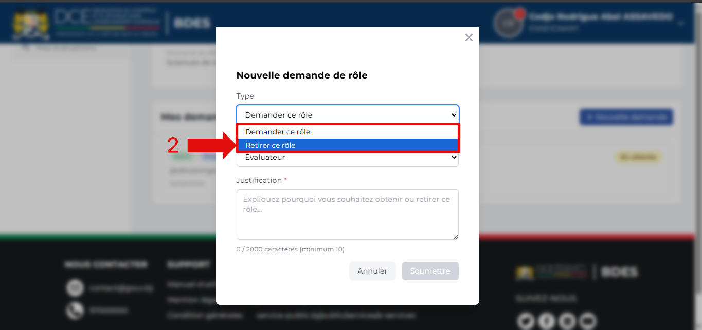 Bouton Retirer en regard du rôle concerné