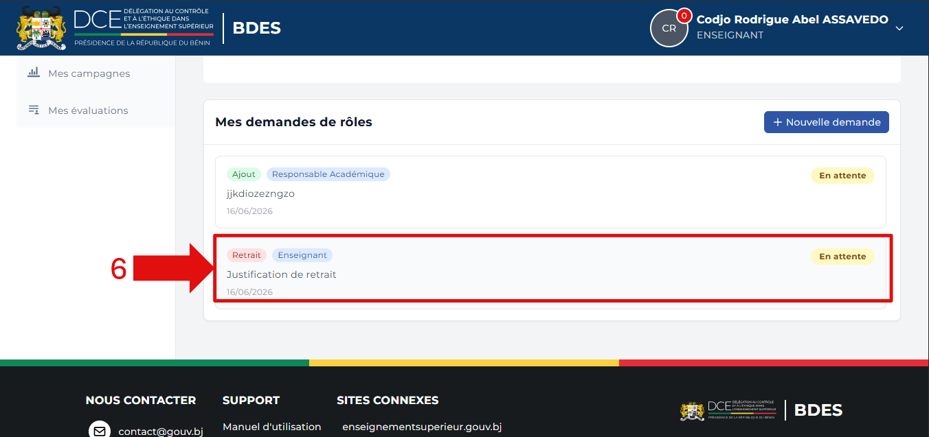 Section Mes demandes de rôles avec la demande de retrait