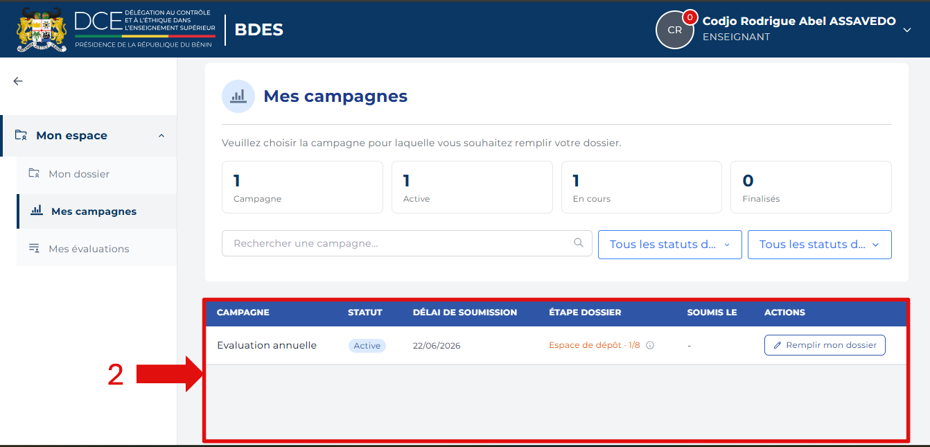 Liste des campagnes avec la campagne de l'usager mise en évidence