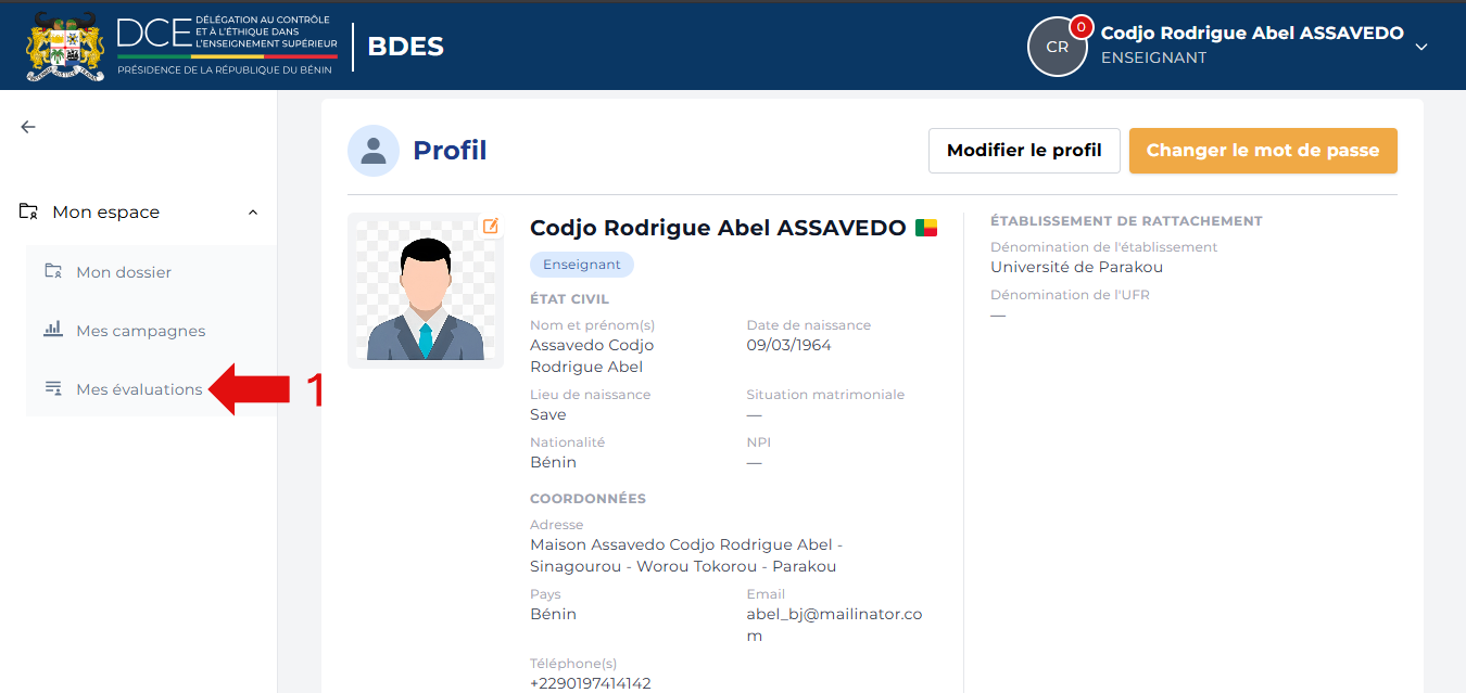 Menu de navigation avec l'entrée Mes évaluations