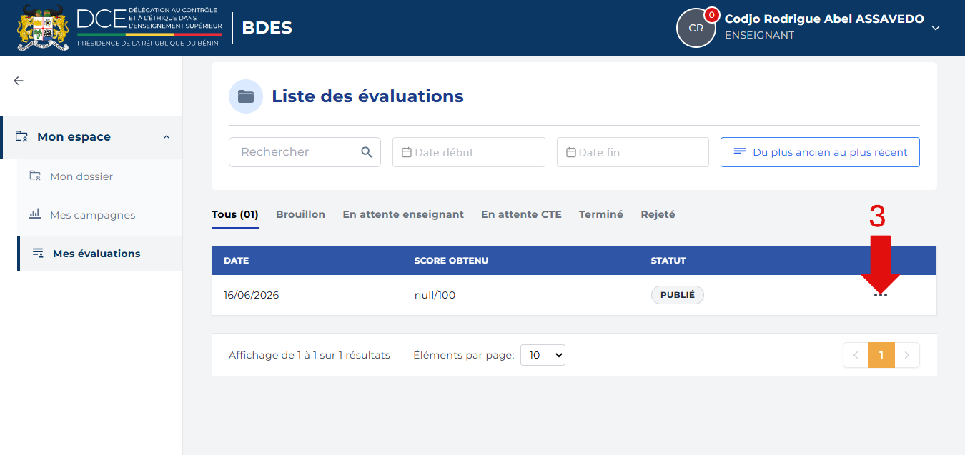 Menu d'options affiché sur un dossier évalué