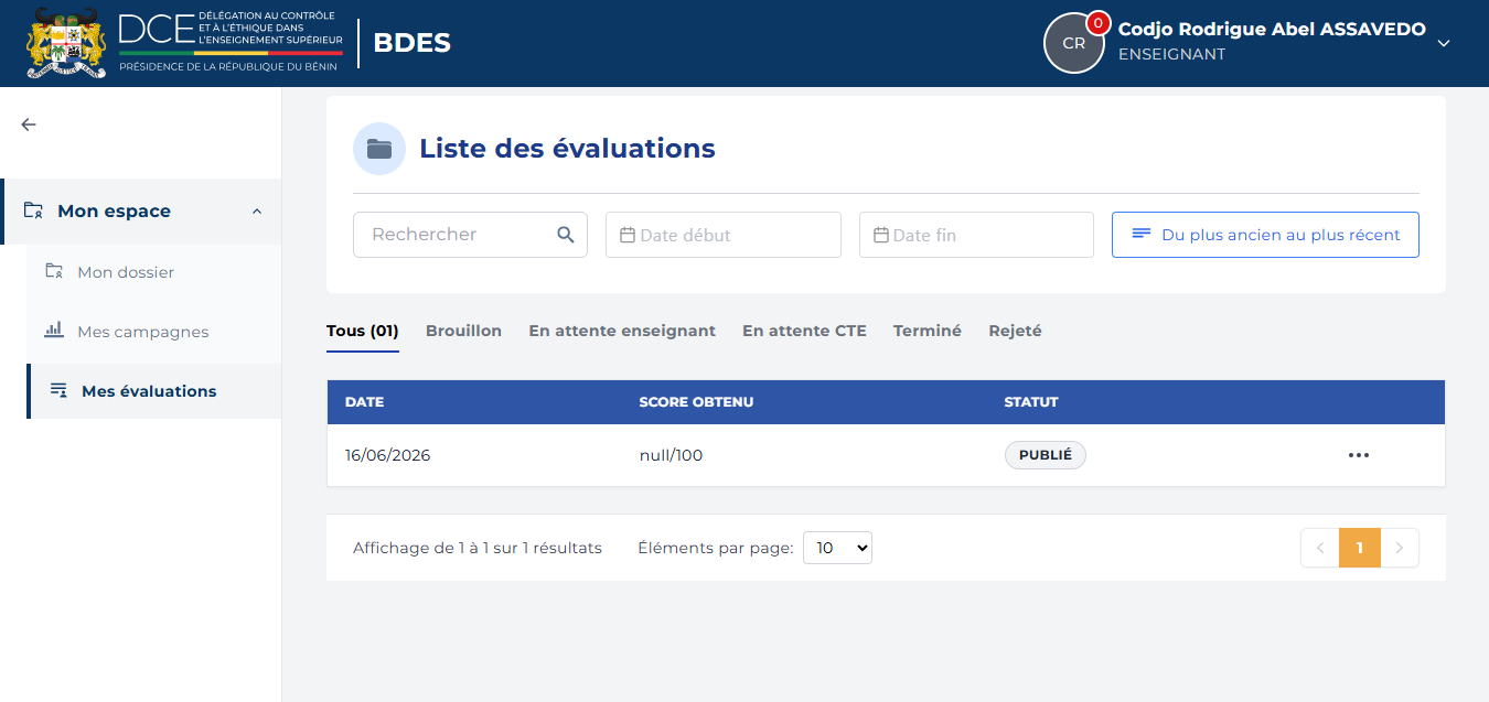 Page listant les évaluations de l'usager