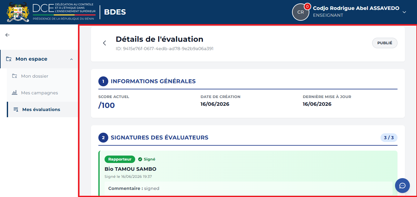 Page de détail de l'évaluation avec le résultat