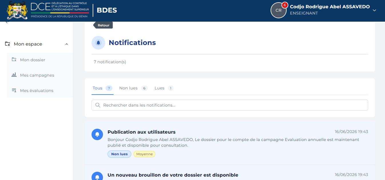 Notification sélectionnée dans la liste