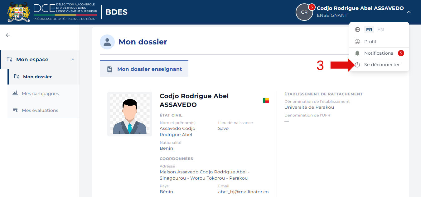 Option Se déconnecter mise en évidence dans le menu